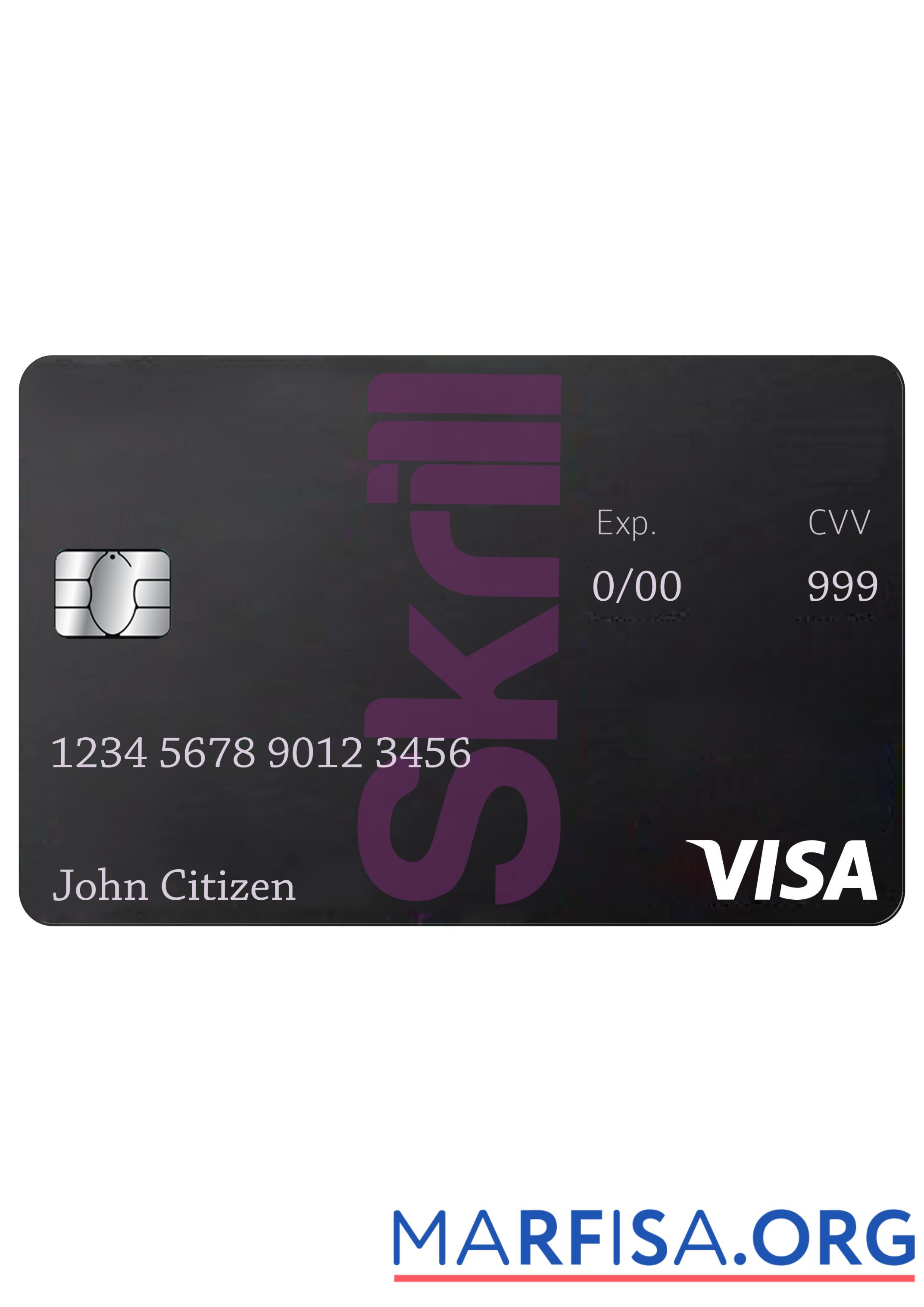Downloadable Skrill Visa Debit card template in PSD format, completely editable
